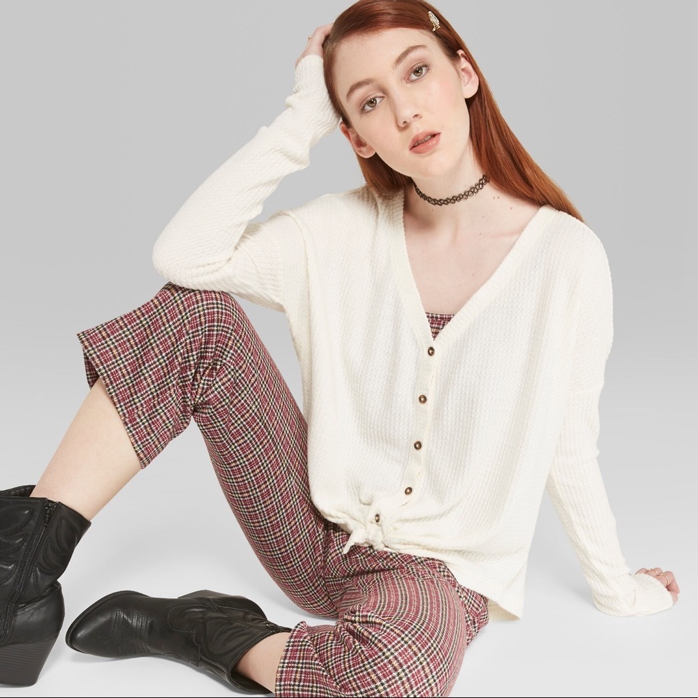 Long Sleeve Oversized Thermal Tie Front Top